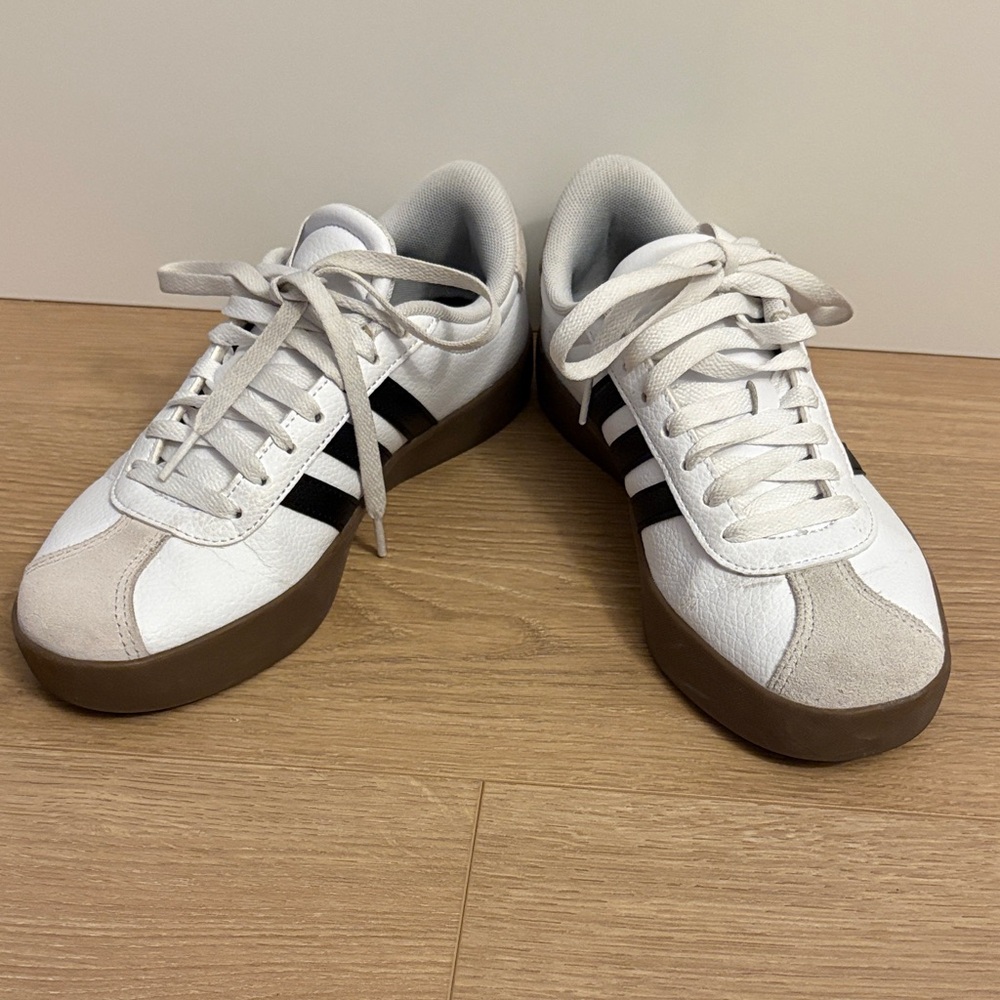 Adidas White Sneakers with Black Stripes and Tan Soles
